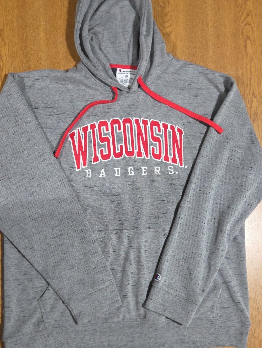 Champion Gray Crewneck Hoodie with Red Wisconsin Script
